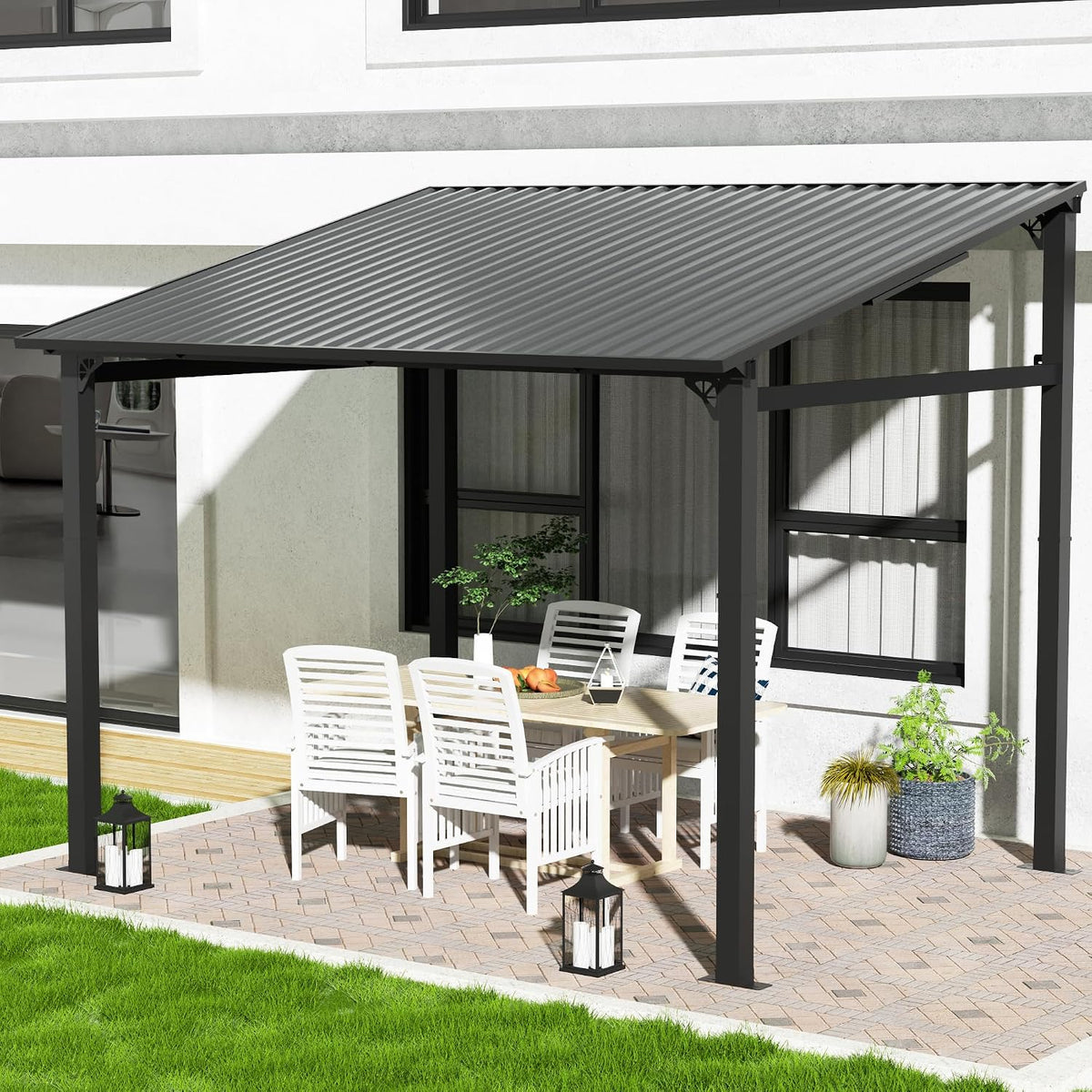 EBE 10' x 8' Outdoor Lean to Gazebo, Hardtop Wall Mounted Pergola with Sloping Galvanized Steel Roof, Lean to Metal Pergola and Gazebo Clearance for Patio, Deck, Backyard
