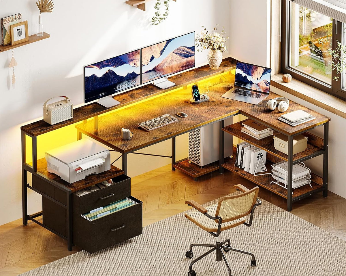 ODK L Shaped Desk with File Drawer, 66' Reversible L Shaped Computer Desk with Power Outlet & LED Strip, Office Desk with Storage Shelves, Gaming Desk with Monitor Shelf, Corner Desk, Vintage