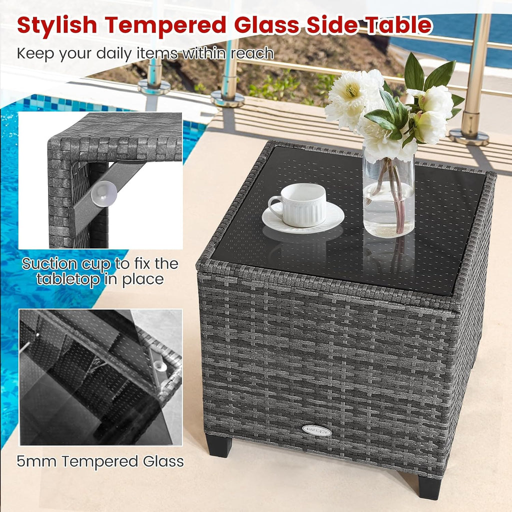 HAPPYGRILL 3 Pieces Patio Conversation Set, Outdoor Furniture Set PE Rattan Sofa Set with Removable Cushions, PE Wicker Chairs with Tempered Glass Side Table for Porch Lawn Garden Balcony Backyard