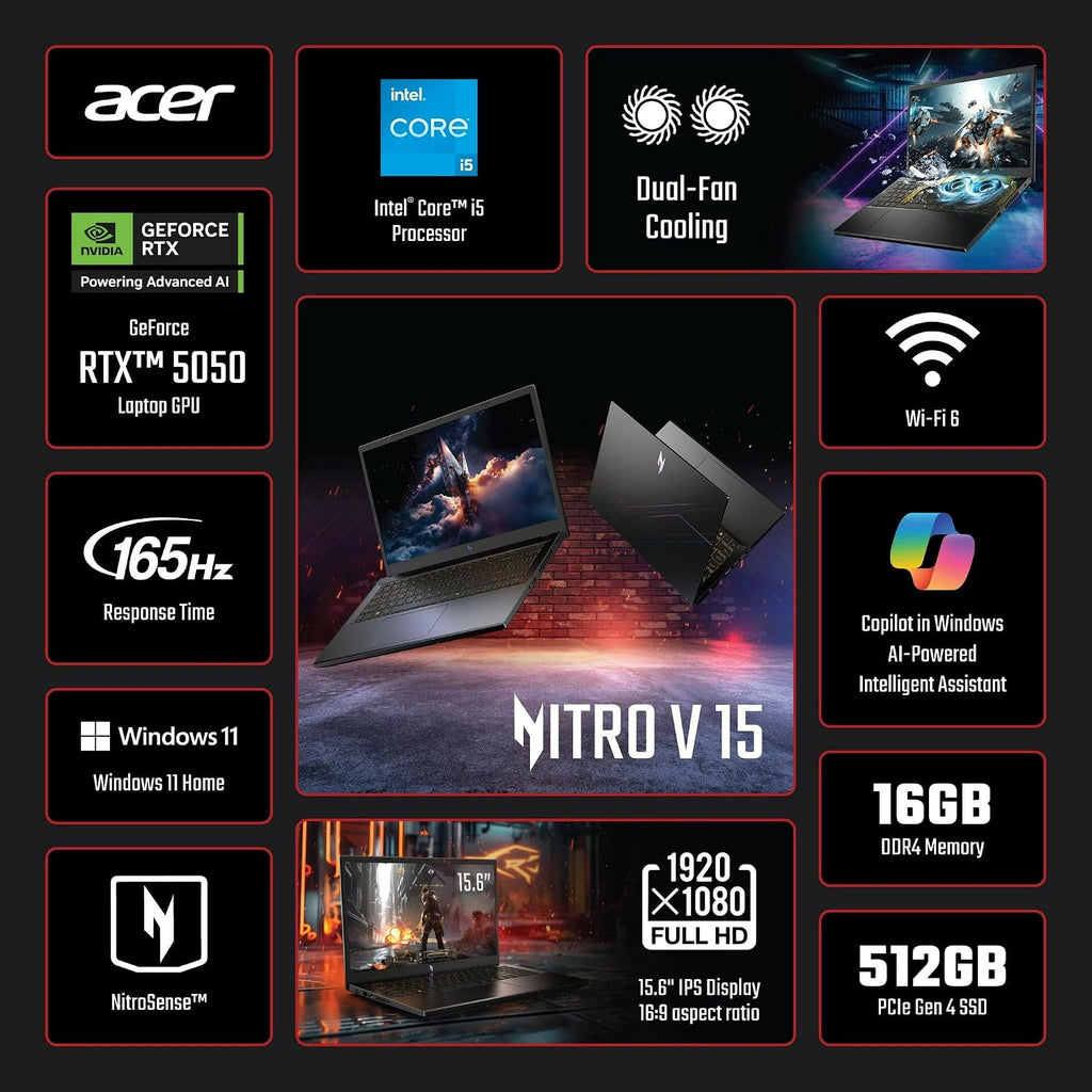 acer Nitro V 15 Gaming Laptop, 15.6' FHD 165Hz Display, 13th Intel 8-Core i5-13420H(>Intel i7-1260P), NVIDIA GeForce RTX 5050 8GB GDDR7 Graphics, Backlit KB, Win11 Home, W/256GB PSD(32GB|1TB SSD)