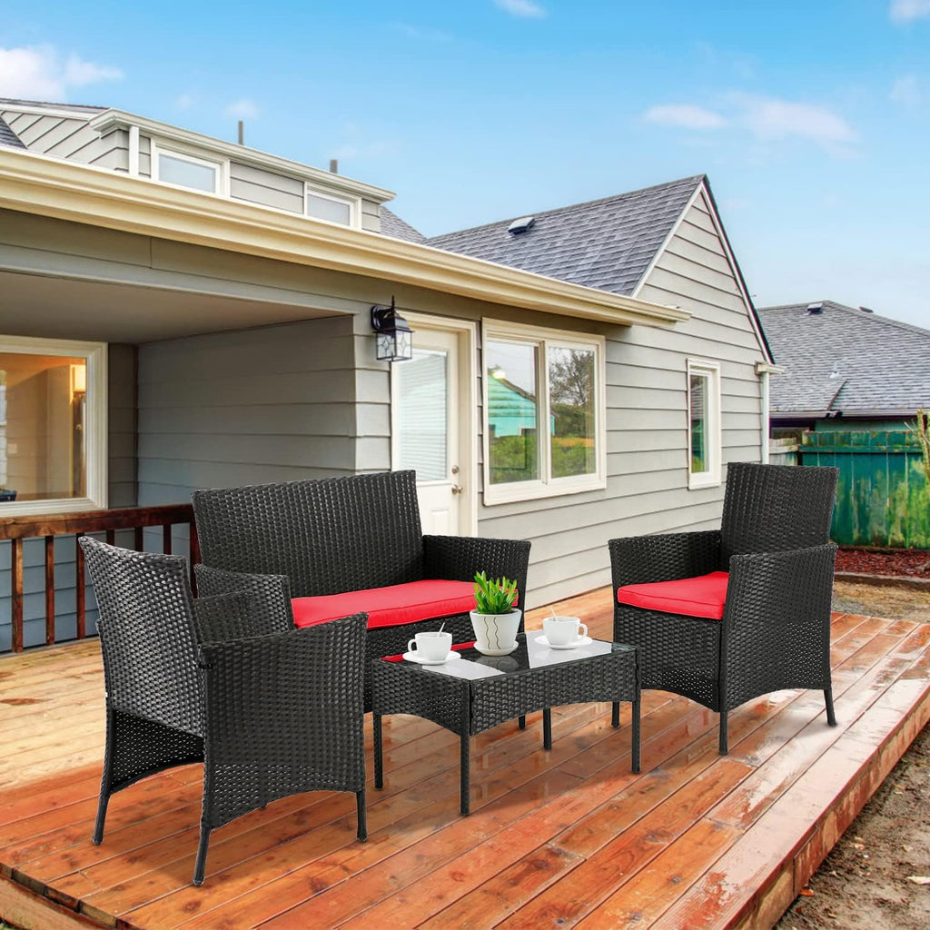 4 Pieces Patio Furniture Set Conversation Chairs, Outdoor Wicker Patio Set with Table Patio Seating Rattan Patio Sofa for Balcony Backyard Front Porch Decor Set with Cushion Seat, Blue