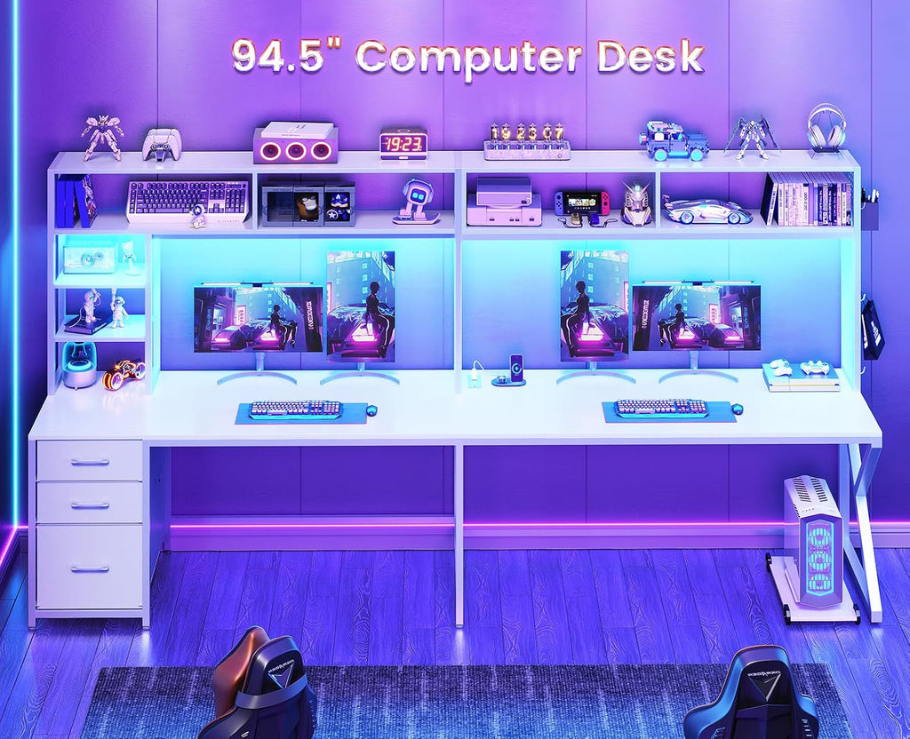 SEDETA Corner Computer Desk, Convertible 94.5' Gaming Desk with Storage Drawers, Hutch and Pegboard, L Shaped Office Desk with Power Outlet, LED Lights for Home Office, White