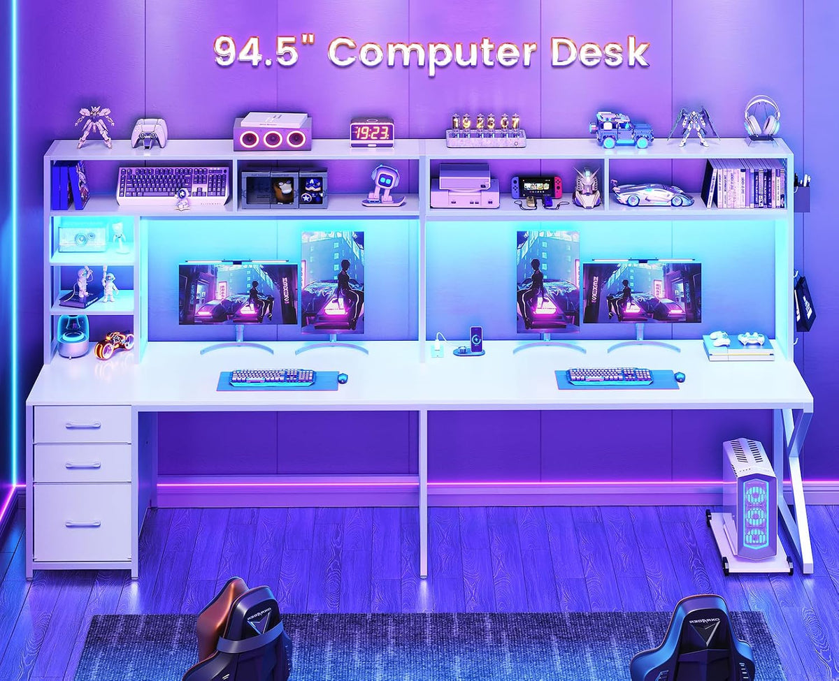 SEDETA Corner Computer Desk, Convertible 94.5' Gaming Desk with Storage Drawers, Hutch and Pegboard, L Shaped Office Desk with Power Outlet, LED Lights for Home Office, White