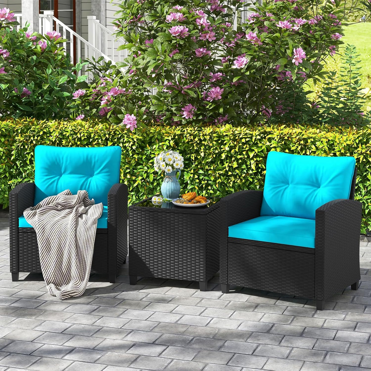 HAPPYGRILL 3 Pieces Wicker Patio Conversation Set, PE Rattan Bistro Sofa Set with Tempered Glass Coffee Table, Washable Cushions, Outdoor Furniture Set for Garden Poolside Balcony (Turquoise)