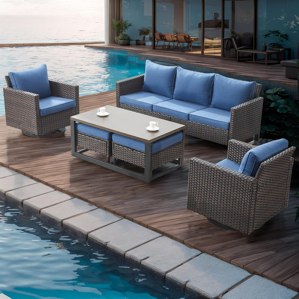 Luxury Wicker Outdoor Patio Furniture Set - 6 Piece Patio Conversation Set with 2 Swivel Rocker Chairs,2 Rattan Ottoman,1 Couch and 1 Metal Coffee Table for Outside Porch Deck Backyard(Brown/Blue)