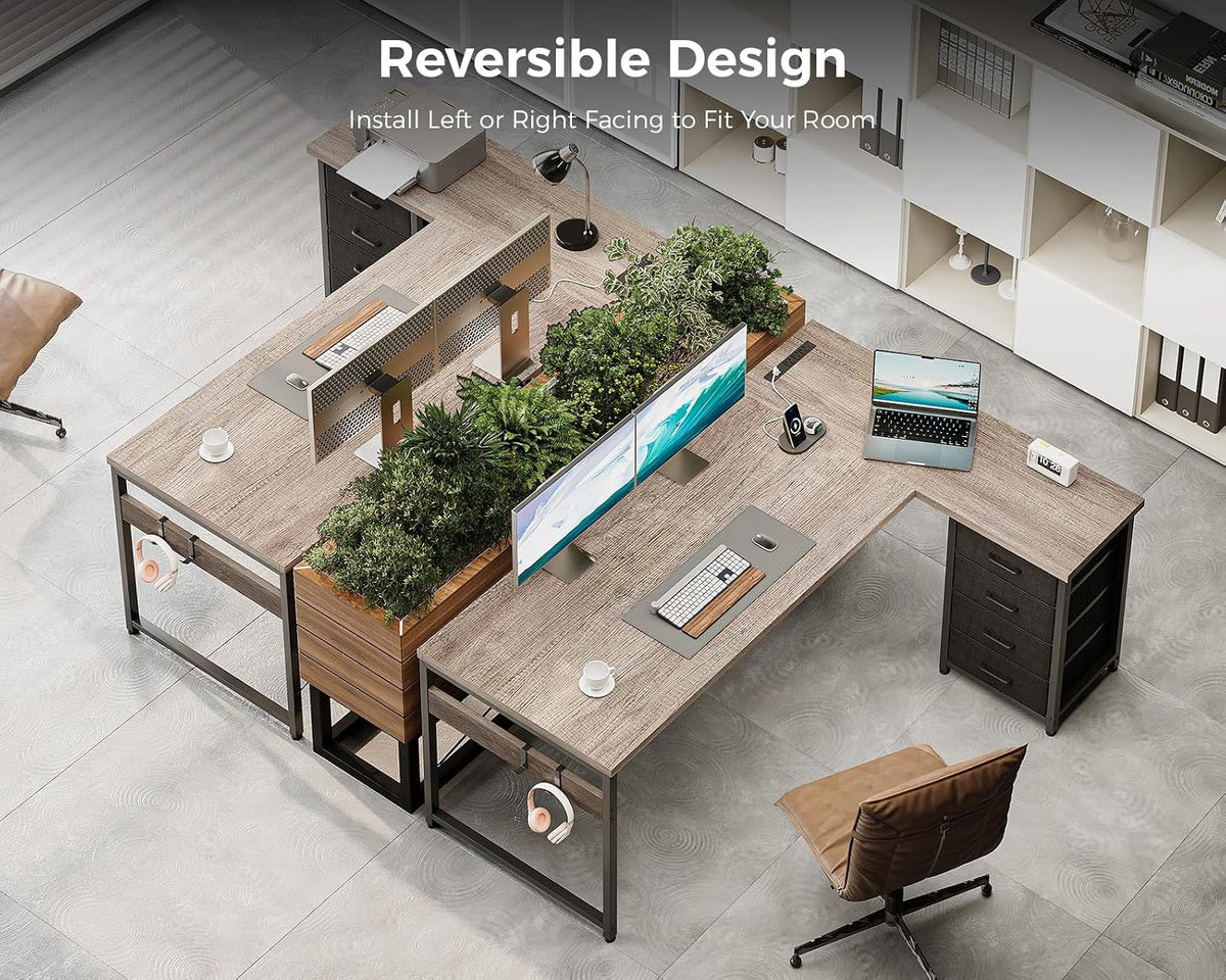 AODK L Shaped Gaming Desk with 4 Drawers, 61' Reversible Home Office Desks with Power Outlets, L Shaped Computer Desk with USB Charging Port and Host Stand, Corner Desk, Easy to Assemble, Grey
