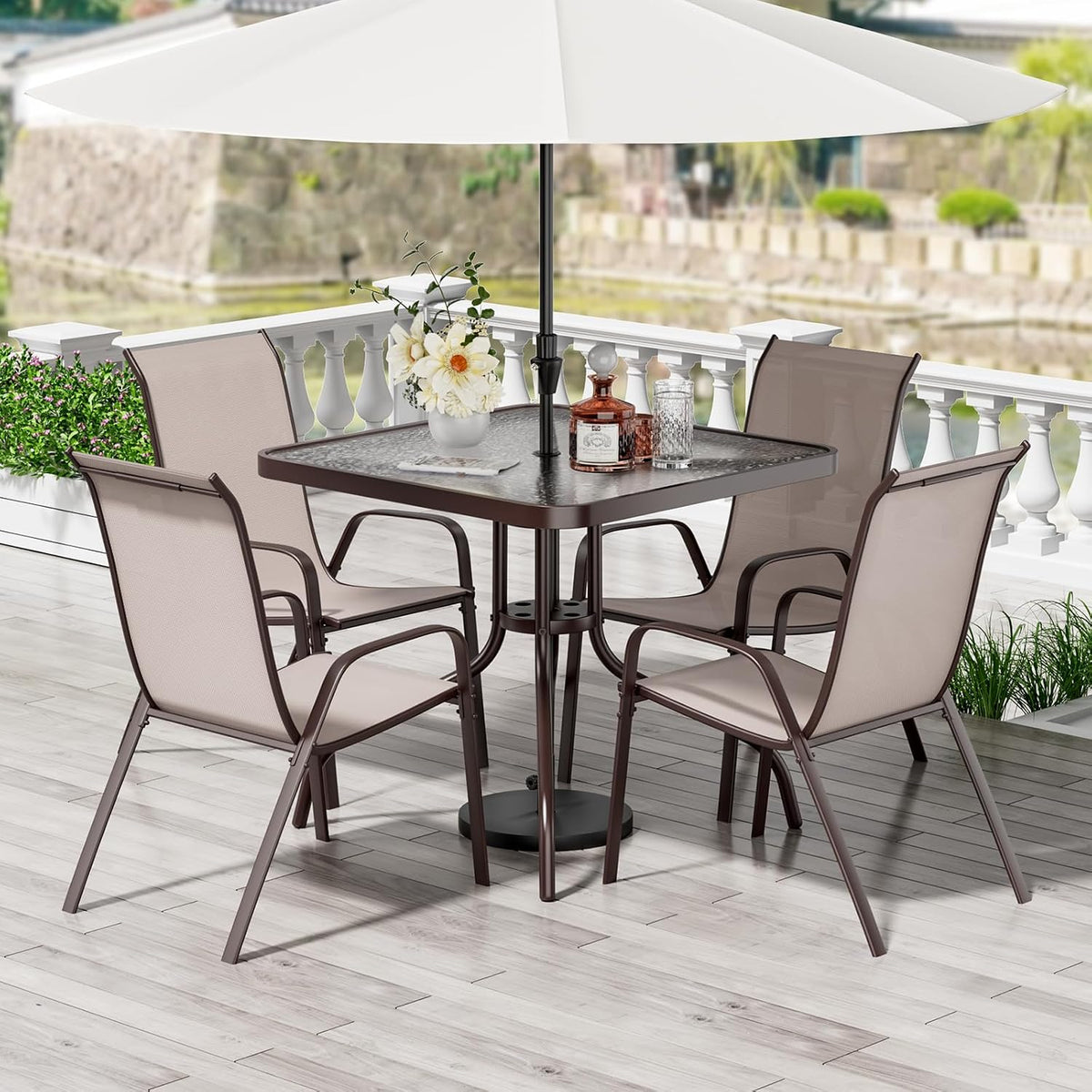 TLSUNNY Patio Dining Set 5 Pieces, All Weather Outdoor Furniture W/30'X 30' Table and 4 Stackable Textilene Chairs, Metal Table and Chairs for Patio, Lawn, Garden, Poolside, Backyard (Beige)