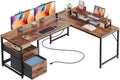 PRAISUN 55 Inch L Shaped Desk with Power Outlets and USB-C Port, Computer Corner Home Office Desk with File Fabric Drawers and Movable Monitor Stand, Larger Storage for Gaming, Study, Rustic Brown