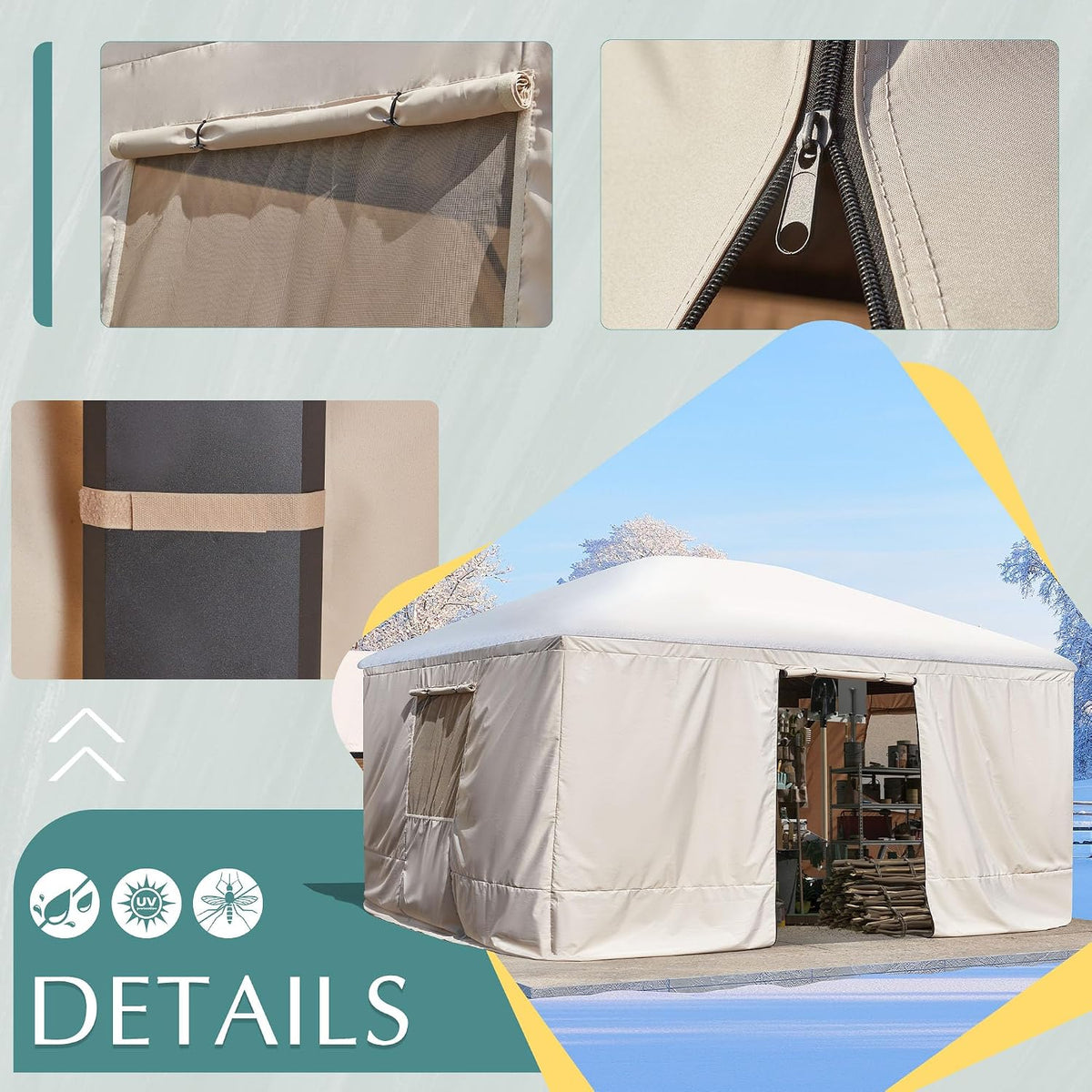 EROMMY Gazebo Cover for 12'x16' Gazebos,Outoor Winter Gazebo Cover with Sidewalls and Mesh Windows,Convert Gazebo into a Storage Space,Beige(Gazebo not Included)