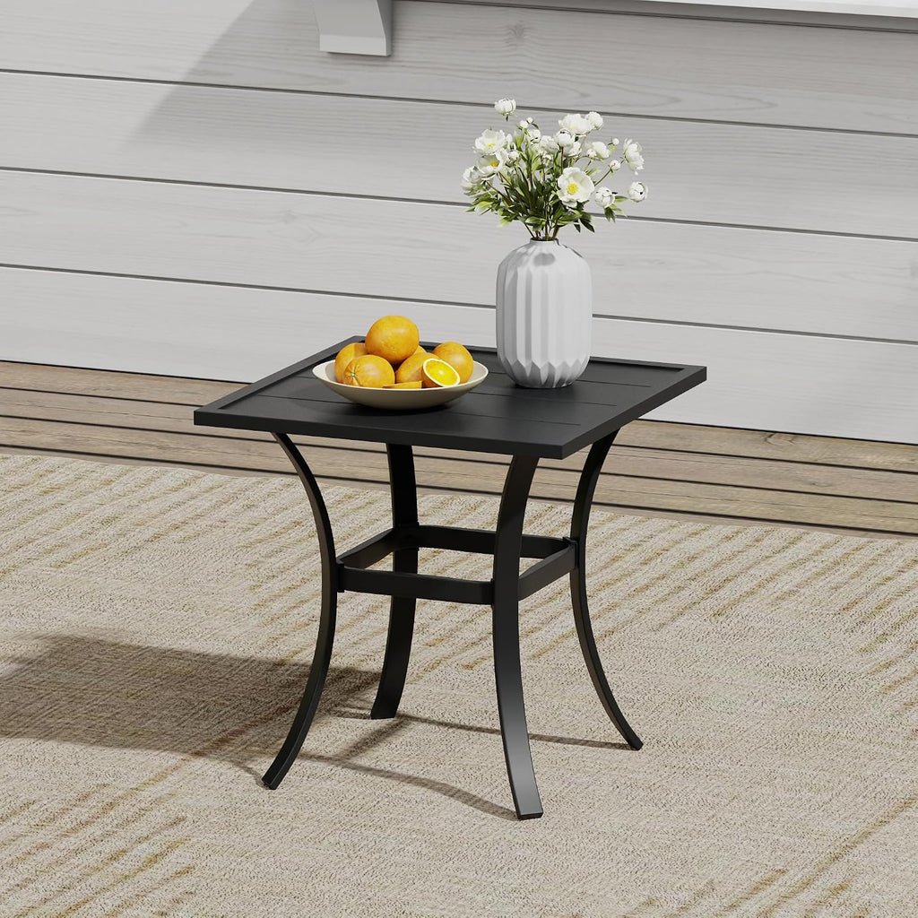 VICLLAX Outdoor Set for 2, Small Patio Table and Chairs Set of Stackable Patio Sling Chairs and Square Dining Table for Front Porch, Blue Fabric and Black Table