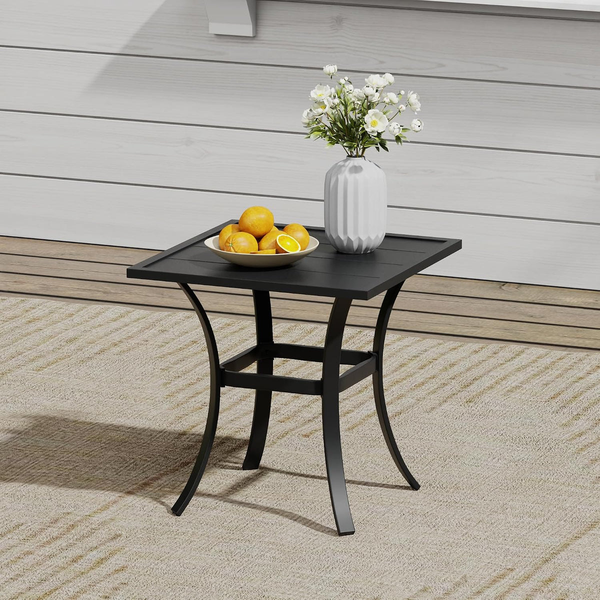 VICLLAX Outdoor Set for 2, Small Patio Table and Chairs Set of Stackable Patio Sling Chairs and Square Dining Table for Front Porch, Blue Fabric and Black Table