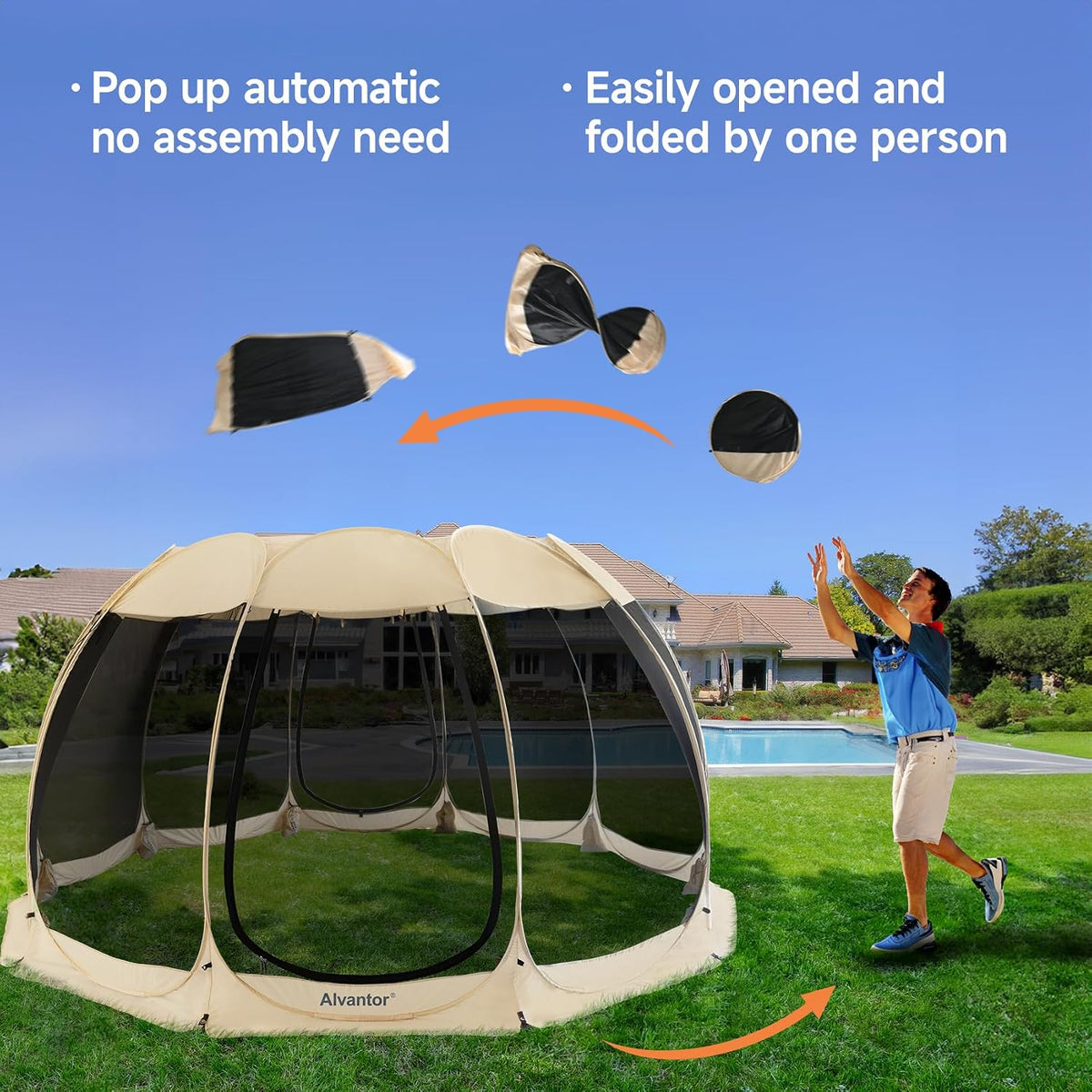 Alvantor® Screen House Room Camping Tent Outdoor Canopy Pop Up Sun Shade Shelter 10 Mesh Walls Not Waterproof Beige 15'x15' Patent Pending