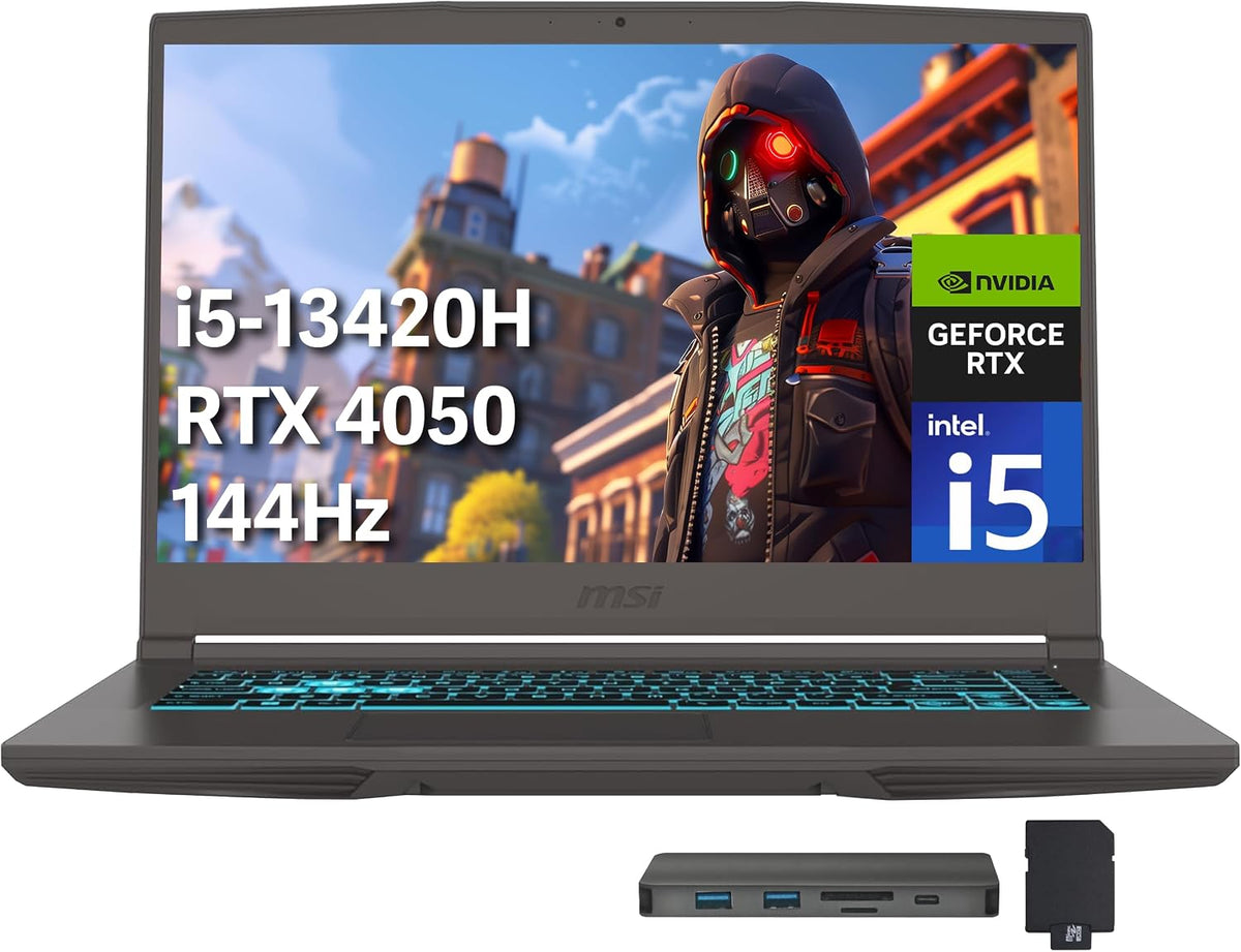 msi Thin 15 15.6' FHD 144Hz Gaming Laptop, Intel i5-13420H, NVIDIA GeForce RTX 4050, 16GB DDR4 RAM, 1TB PCIe SSD, Backlit Keyboard, Wi-Fi 6E, HD Camera, Win 11, Gray, 256GB Docking Station Set