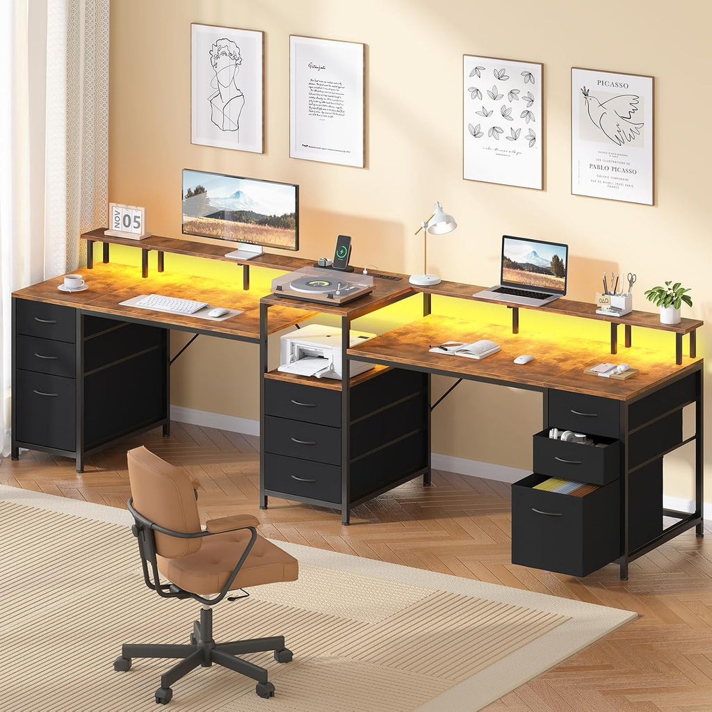 YOMILUVE 98.4' Long Computer Desk with 9 Drawers, 2 Person Gaming Desk with LED Lights & Power Outlet, Two Person Home Office Desk with Storage, Printer Shelf ＆ Monitor Stand, Rustic Brown