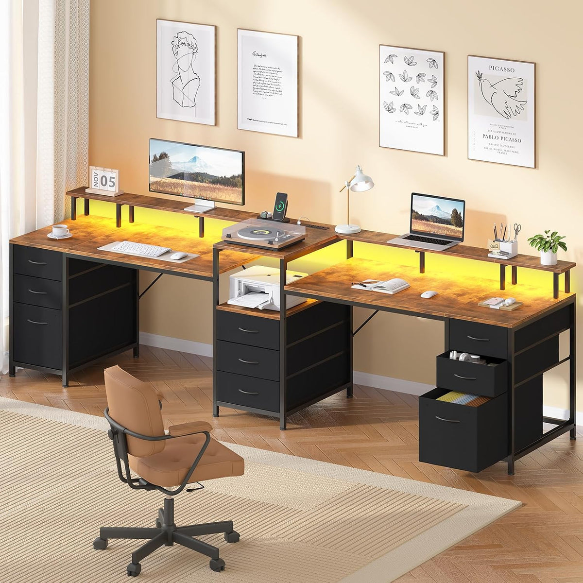 YOMILUVE 98.4' Long Computer Desk with 9 Drawers, 2 Person Gaming Desk with LED Lights & Power Outlet, Two Person Home Office Desk with Storage, Printer Shelf ＆ Monitor Stand, Rustic Brown