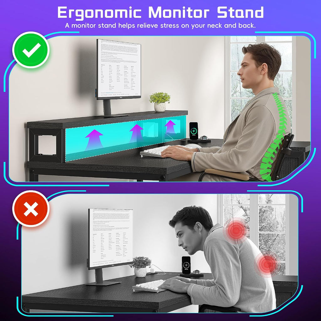 DurayLoly 48' L- Shaped Gaming Desk with LED Lights & Power Outlet,Gaming Desk with Monitor Stand for Gamer,Home Office Desk with Drawer for Student Study Room,Bedroom,Small Working Room,Black