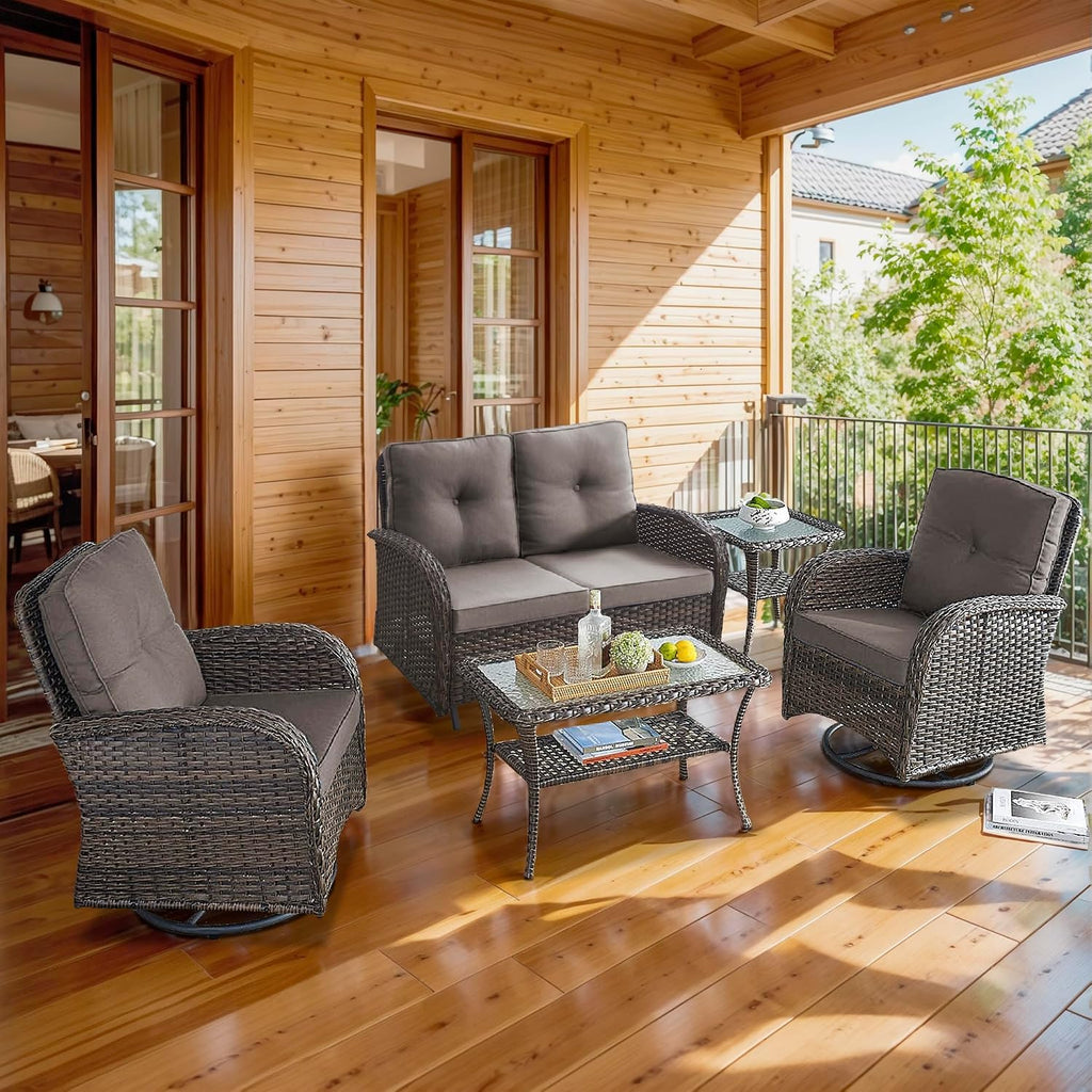 5 Piece Patio Furniture Set - Wicker Patio Conversation Set with Swivel Glider, Glider Loveseat, Tempered Glass Side Table and Coffee Table for Deck Backyard - Brown Wicker Grey Cushion