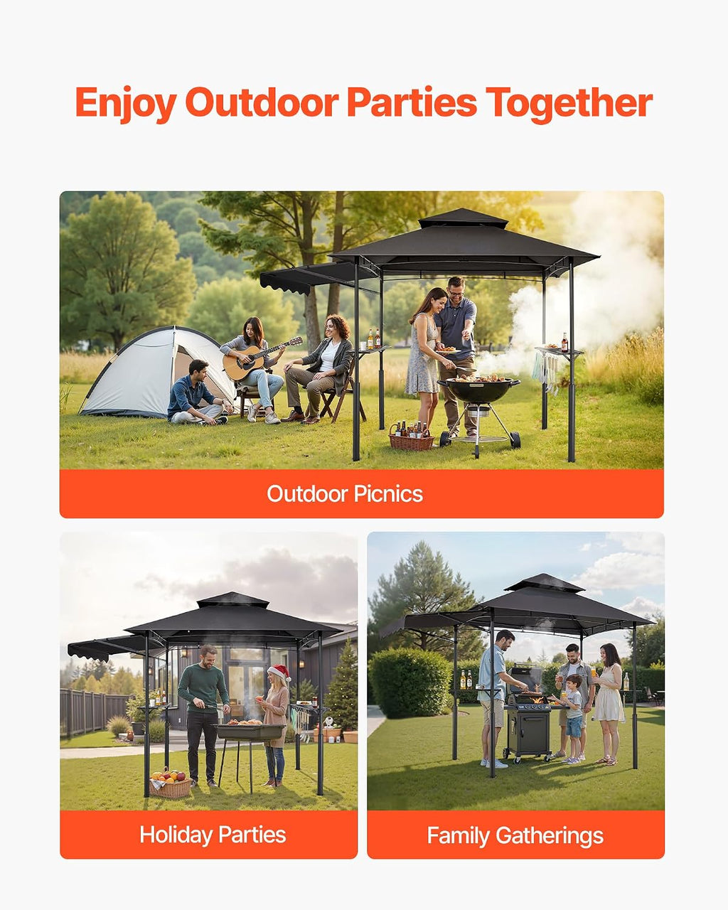VEVOR Grill Gazebo, 8 x 5 ft Double-Tiered Top, Reinforced BBQ Gazebo with Extra Awning, Powder-Coated Steel Patio Grill Shelter with 2 Side Shelves & Hooks, Outdoor Grilling Canopy for Garden