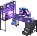 AODK L Shaped Gaming Desk with 4 Drawers, 59' Reversible Computer Desk with Hutch and Shelves, Gamer Desk with LED Lights, Power Outlets, Home Office Corner Desk with Gird Pegboard, Black