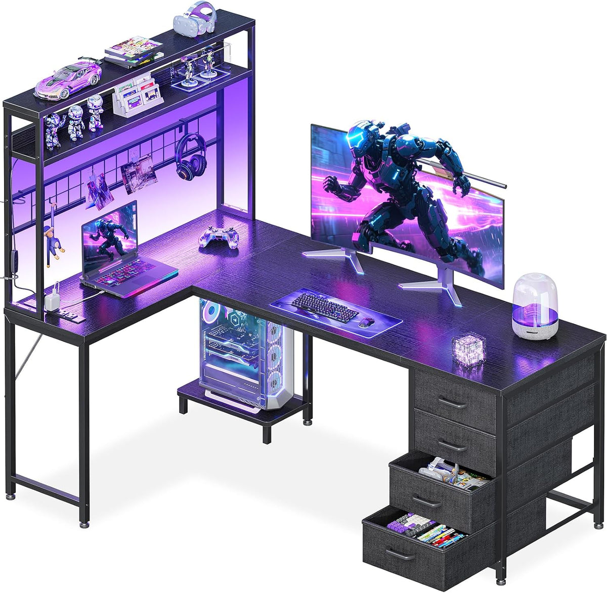 AODK L Shaped Gaming Desk with 4 Drawers, 59' Reversible Computer Desk with Hutch and Shelves, Gamer Desk with LED Lights, Power Outlets, Home Office Corner Desk with Gird Pegboard, Black