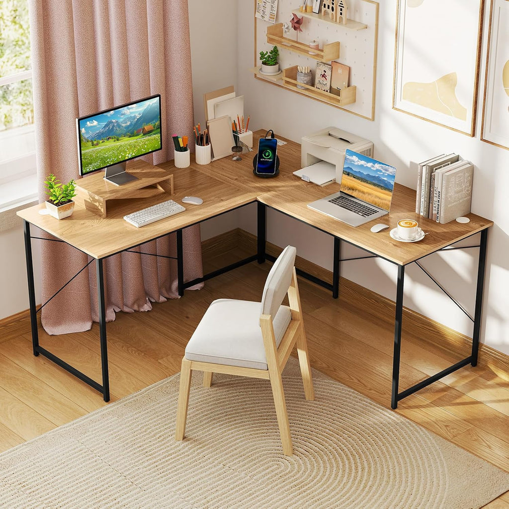 Tangkula L-Shaped Computer Desk with Power Outlets, 95' Long 2-Person Desk with Monitor Shelf, Modern Corner Desk Gaming Table with USB Ports for Home Office