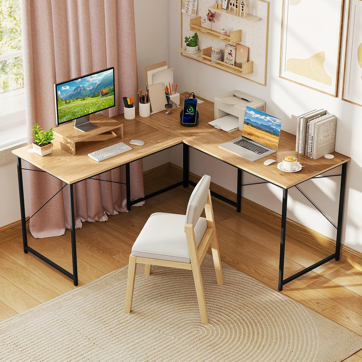 Tangkula L-Shaped Computer Desk with Power Outlets, 95' Long 2-Person Desk with Monitor Shelf, Modern Corner Desk Gaming Table with USB Ports for Home Office