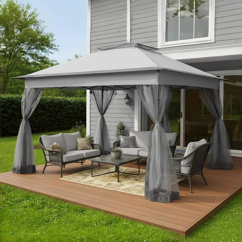 Bezseller 11x11 Pop Up Gazebo with Mosquito Netting, Easy 1-Person Setup Outdoor Canopy, Water-Resistant Portable Shelter for Patio, Backyard & Garden, UV Protection, Light Grey