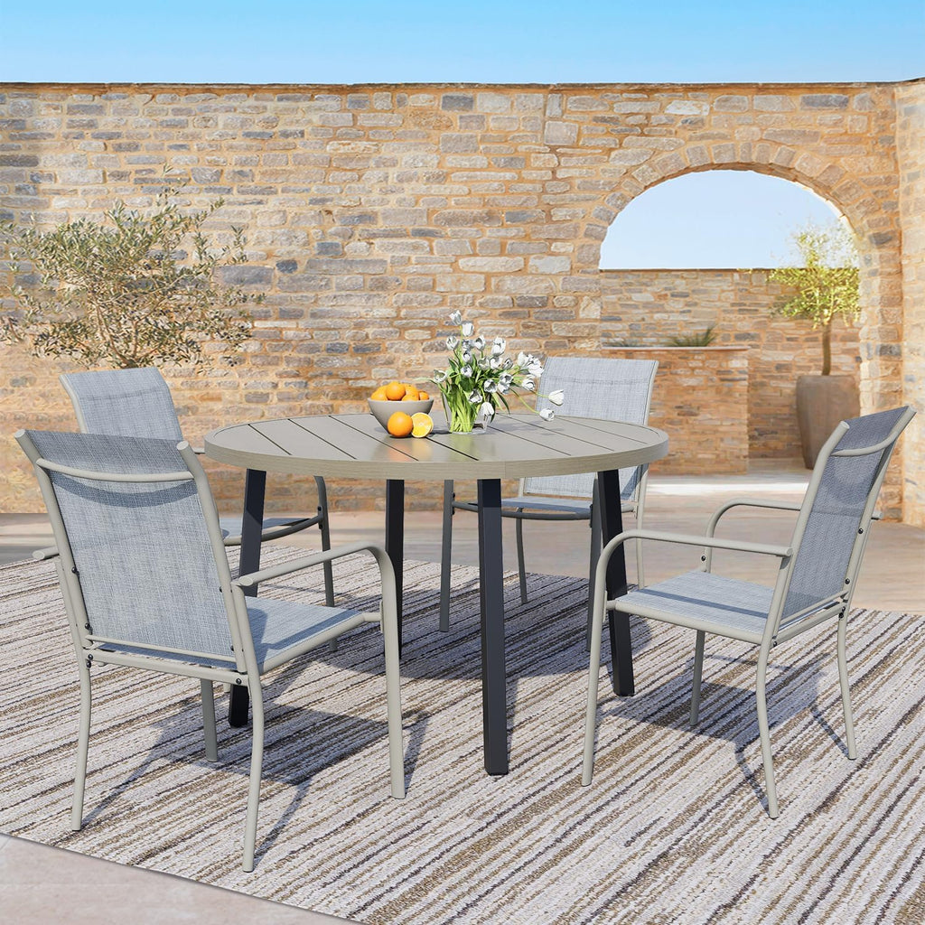 5 Pieces Patio Dining Set for 4, Beige Blue Patio Stackable Chairs and Honey Oak Round Table Set of 4, Outdoor Furniture Set with Sling Support for Outside, Garden