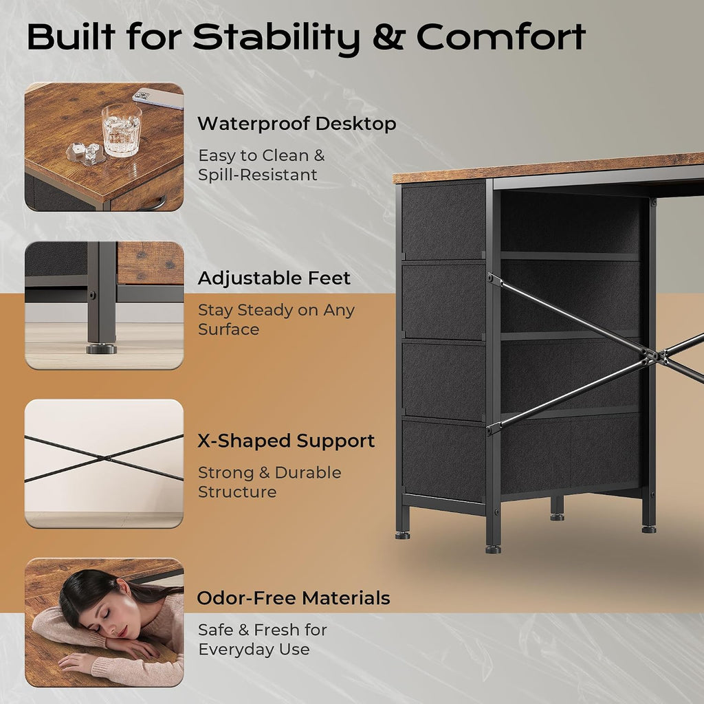Huuger 63 Inch L Shaped Desk with Fabric Drawers, Computer Office Desk with Power Outlets and USB-C Port, Corner Desk with Storage Shelves, for Gaming Work Study Home Office, Reversible, Rustic Brown