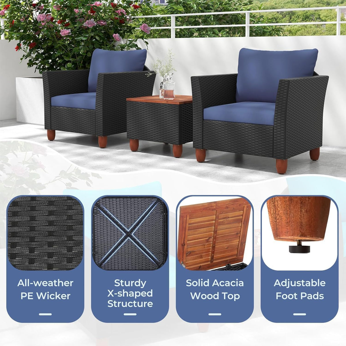 LDAILY Patio 3 Pieces Patio Furniture Set, PE Rattan Outdoor Wicker Sofa Chair with Washable Cushion & Wood Storage Table, Patio Conversation Set for Porch, Yard, Garden (Navy)