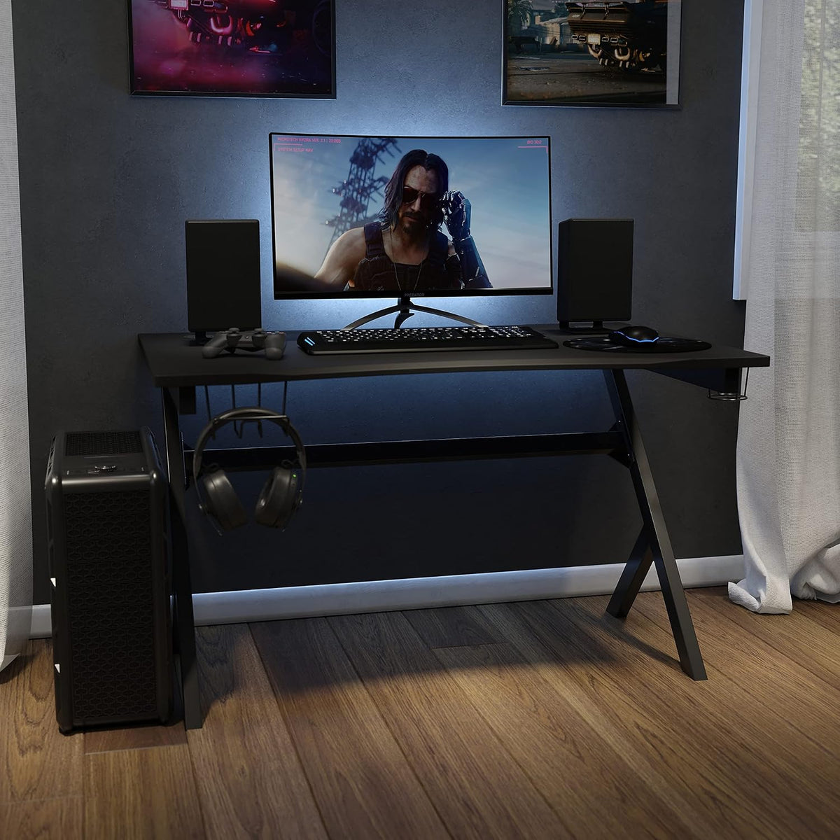 Flash Furniture Duncan Gaming Desk 45.25' x 29' Computer Table Gamer Workstation with Headphone Holder and 2 Cable Management Holes, Set of 1,Black