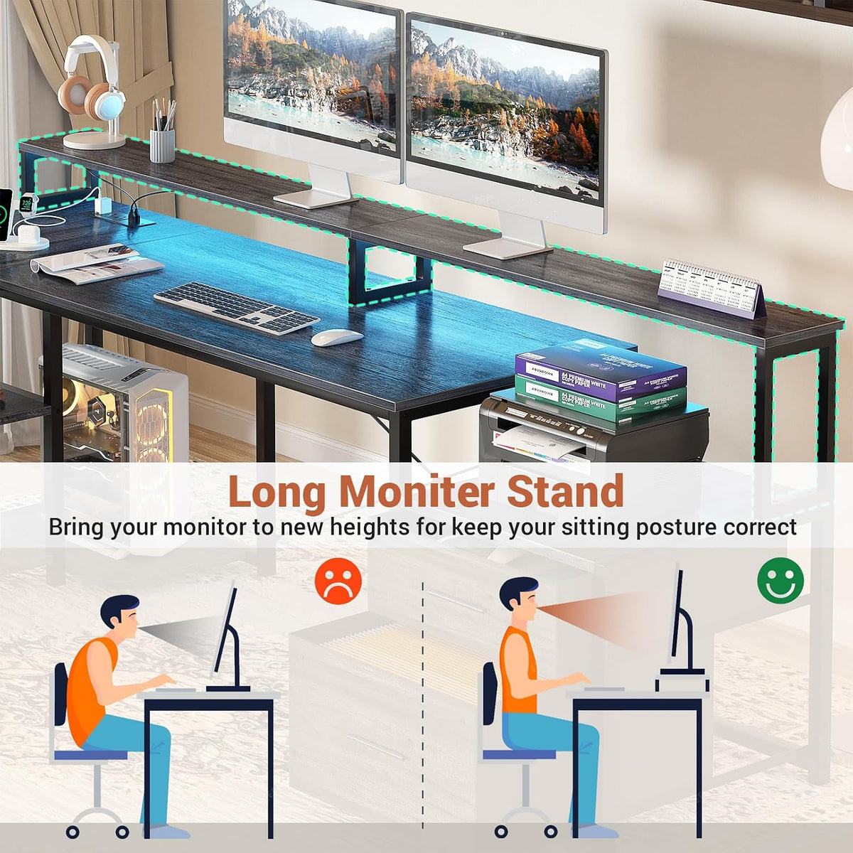 Aheaplus L Shaped Desk with File Drawer, 72.8' Reversible L Shaped Computer Desk with Power Outlet & LED Strip, Gaming Desks with Monitor Stand, Corner Office Desks with Storage Shelf, Grey Oak