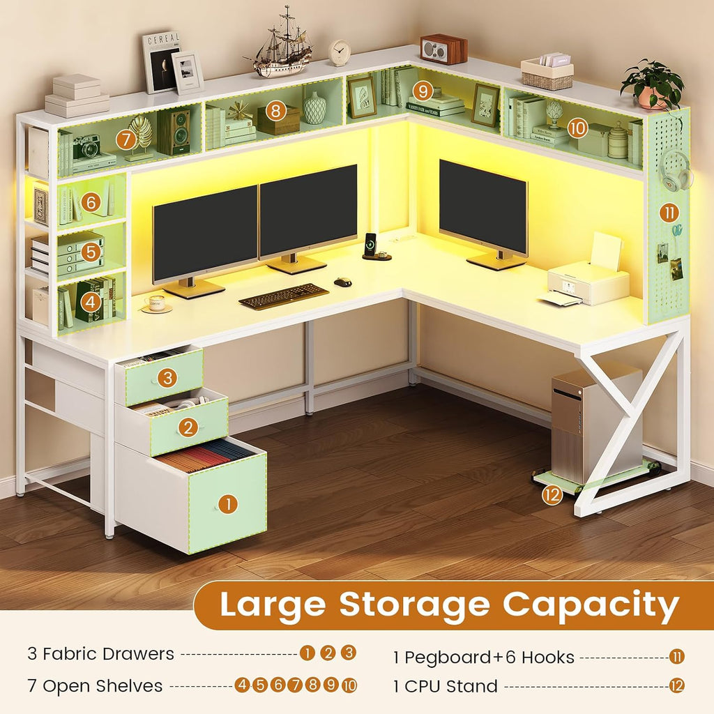 SEDETA Corner Computer Desk, Convertible 94.5' Gaming Desk with Storage Drawers, Hutch and Pegboard, L Shaped Office Desk with Power Outlet, LED Lights for Home Office, White