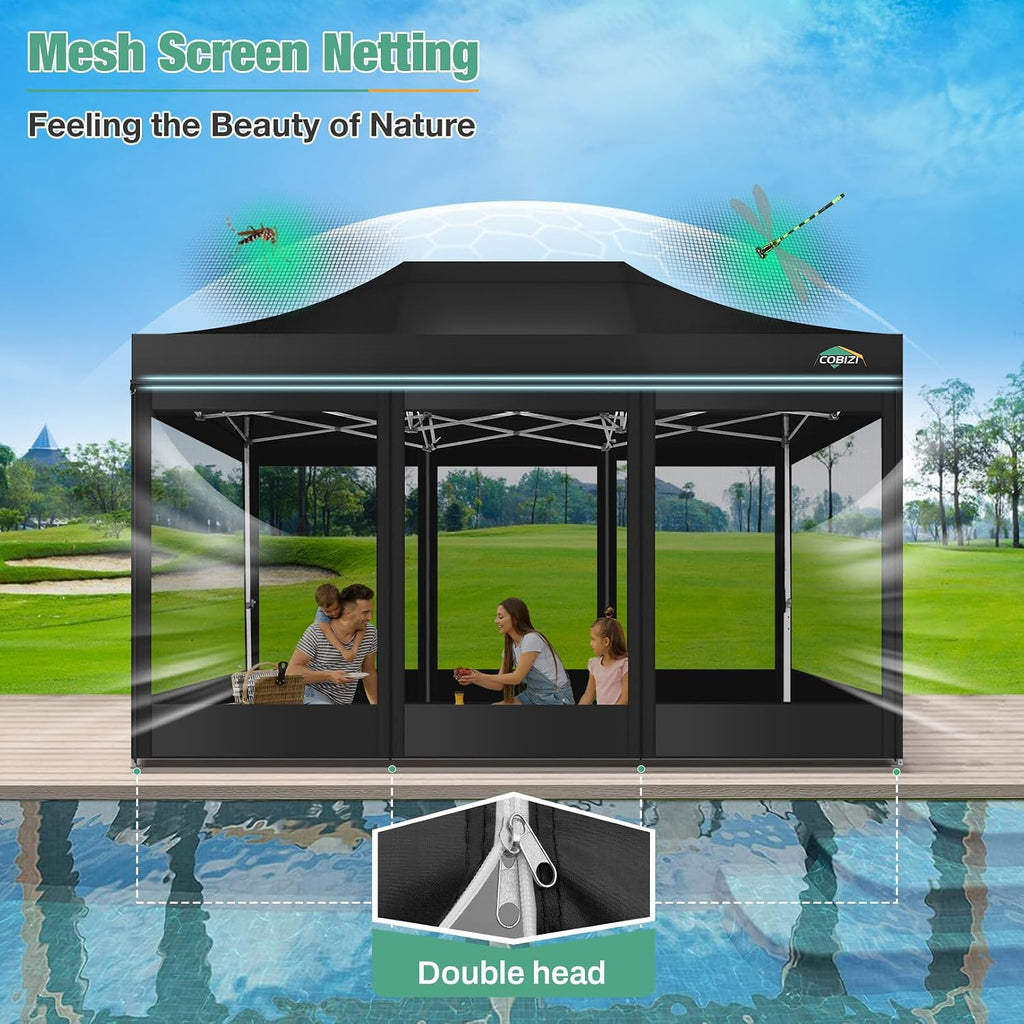 COBIZI 10x15 Canopy Tent, Heavy Duty Pop up Canopy with Sidewalls, Waterproof Easy Setup Canopy with Mosquito Netting, Outdoor Instant Screen Tents for Parties, Wedding, Backyard with Carry Bag, Black