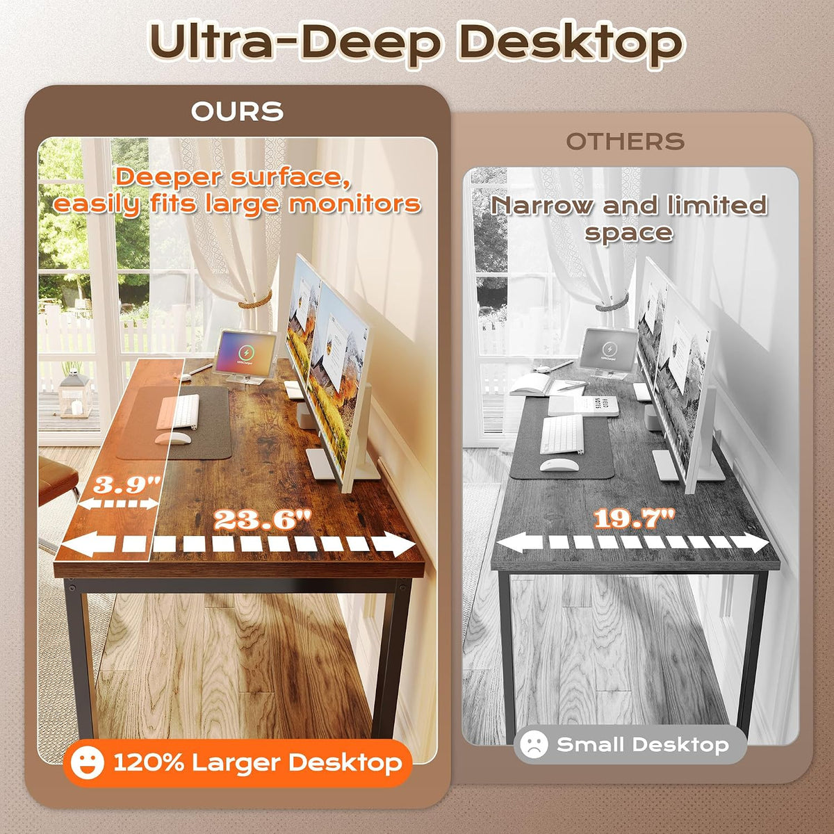Huuger 48 x 24 inch Desk with Power Outlets & USB-C, Deeper & Thicker Desktop, Robust Metal Tubes, Computer Desk, Heavy Duty Office Desk, Work Gaming Desk for Home Office, Rustic Brown