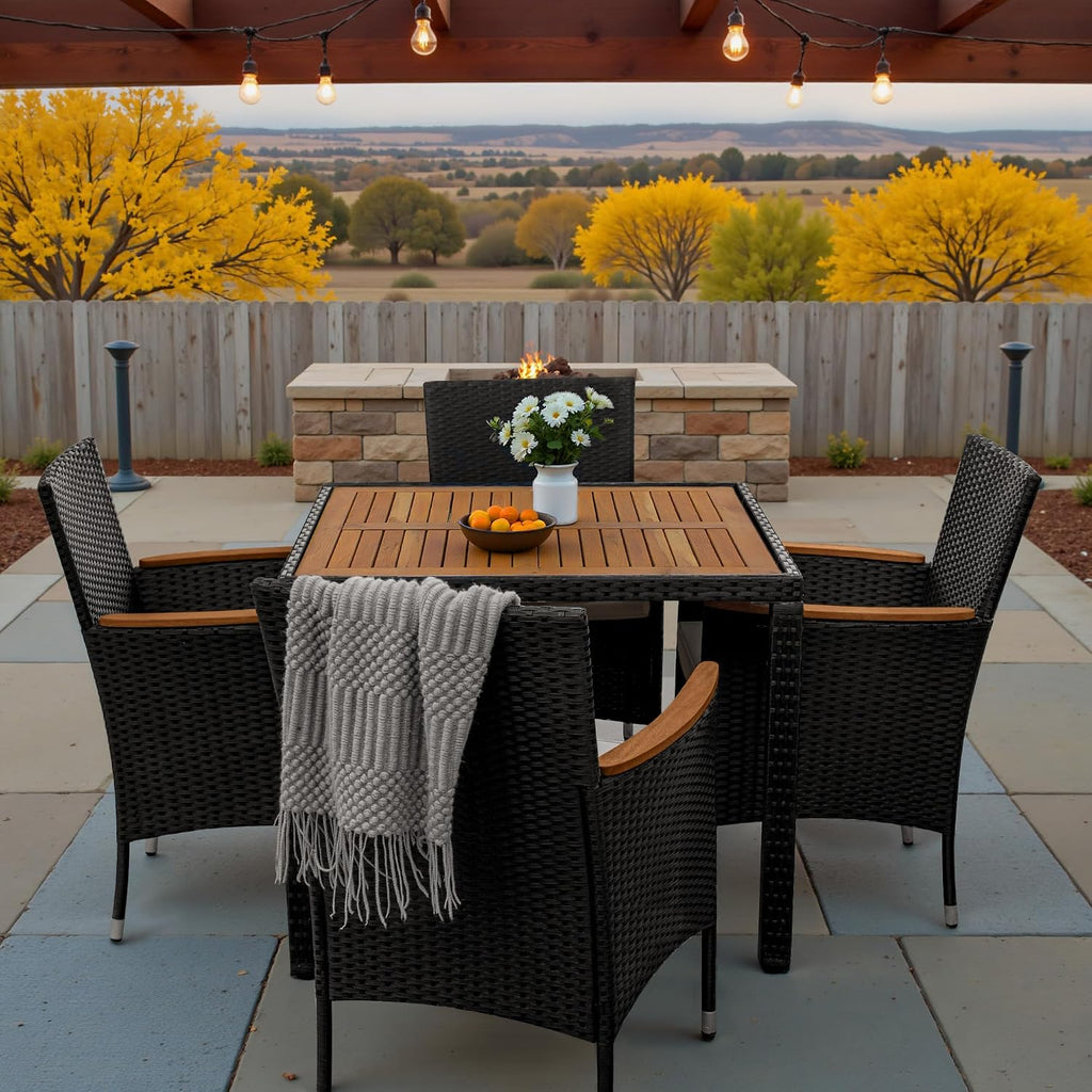 Greesum 5 Pieces Outdoor Patio Dining Set, Conversation Sets with 1 Table and 4 Rattan Chairs with Curved Acacia Wooden Armrests and Cushions, Black