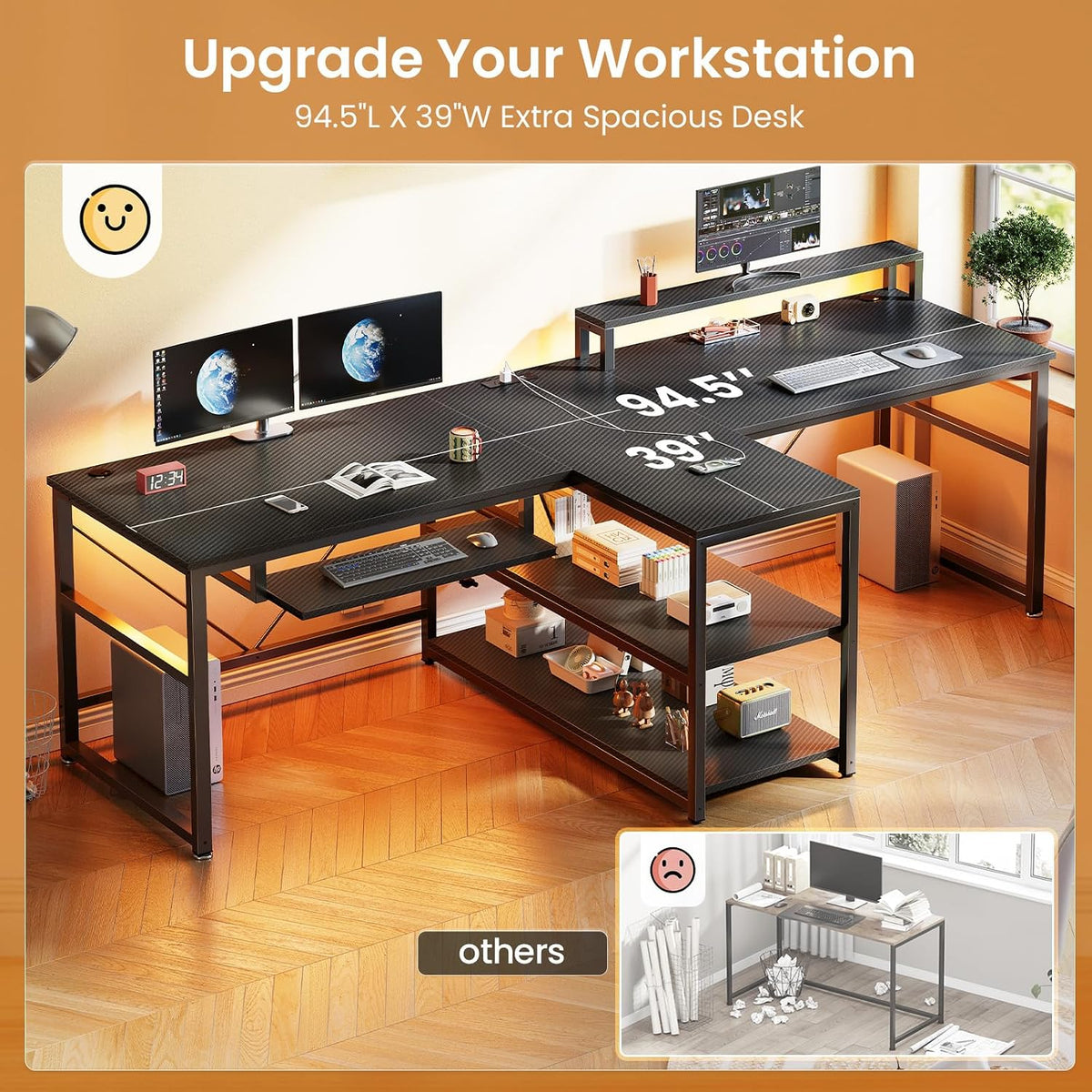 SEDETA 94.5' Gaming Computer Desk, 2 Person Office Desk with Storage, LED Lights, Power Strip, Long Desks with Keyboard Tray & Monitor Stand for Home Office, Carbon Fiber Black