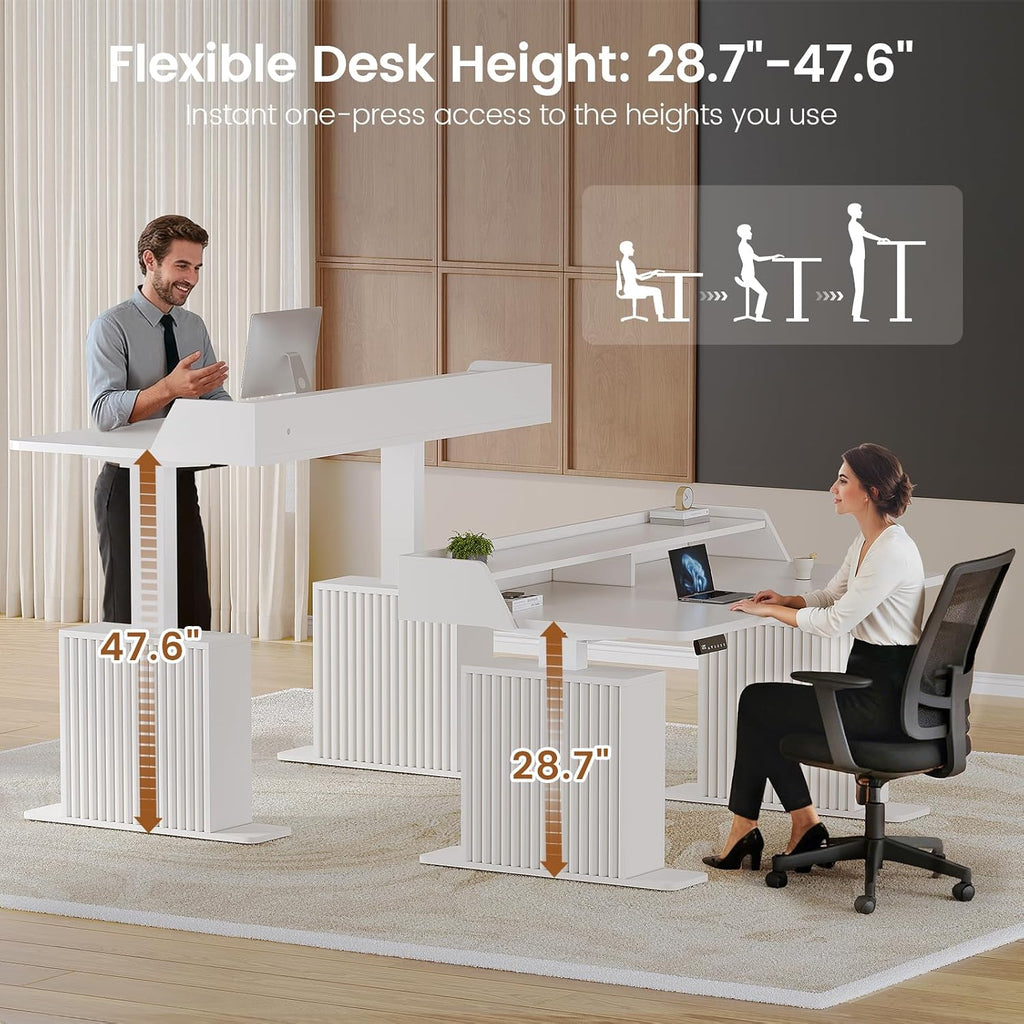 SEDETA Standing Desk with Storage, 55' Fluted Stand Up Desk with Power Outlets & LED Lights, Height Adjustable Table with Monitor Shelf for Home Office, Gaming, White