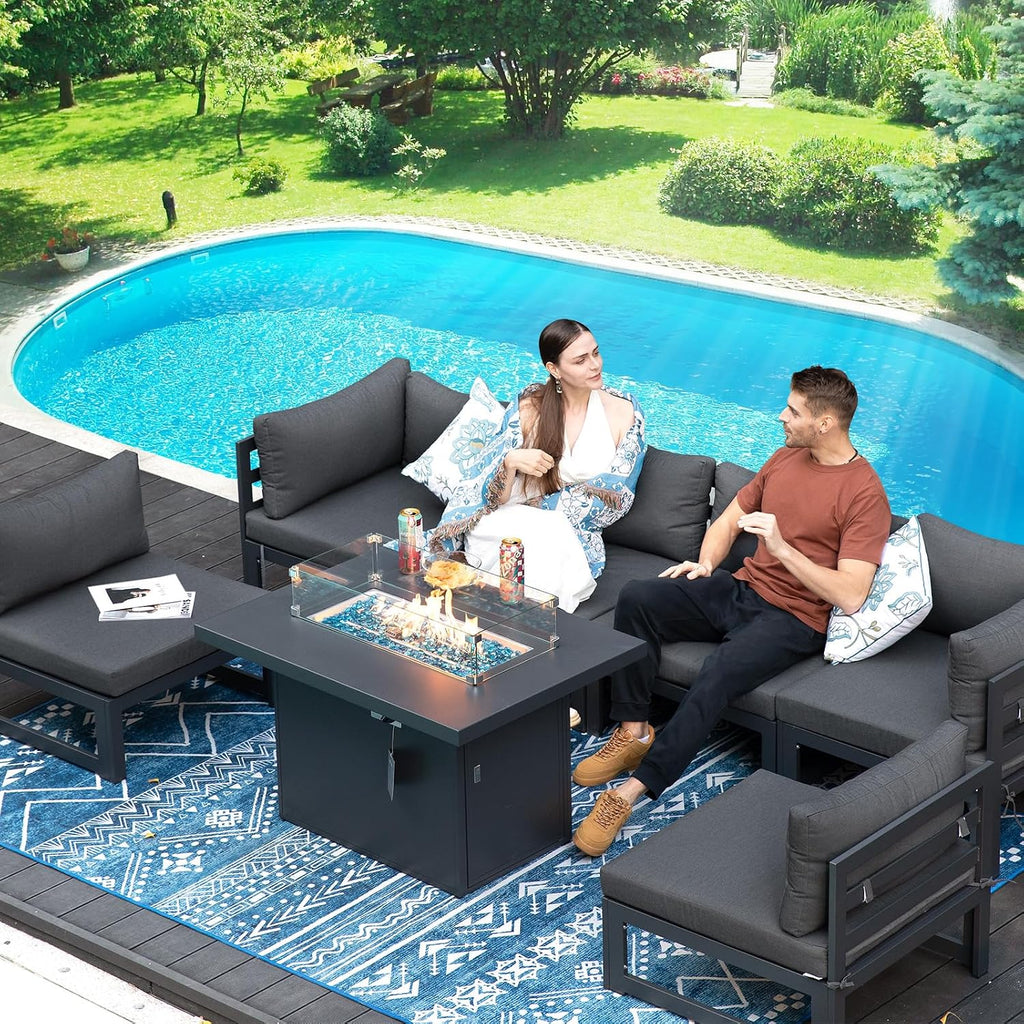RADIATA 7 Piece L-Shaped Contemporary Aluminum Outdoor Furniture Set with Firepit, 29' Deep Wide Large Couch Set, 500 lbs High Weight Capacity Modular Patio Sectional Sofa for Garden Lawn, Dark Grey