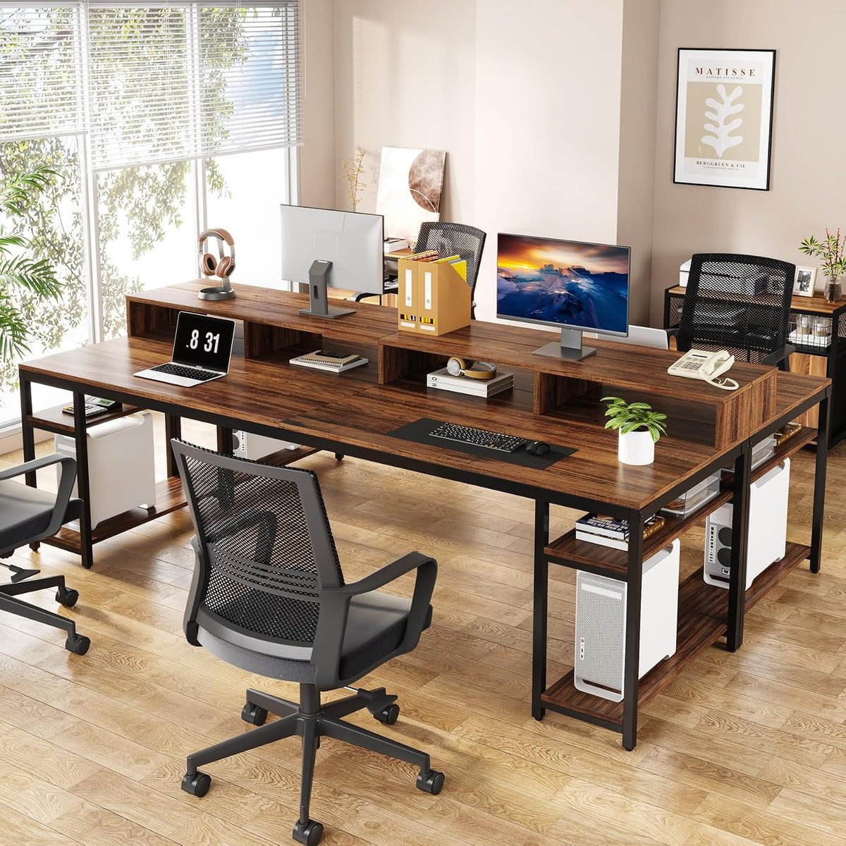 Tribesigns Two Person Desk with Monitor Stand, 78.74' Long Double Computer Office Desk with Storage Shelves, Large Gaming Study Writing Table Workstation for Home Office (Rustic Brown)