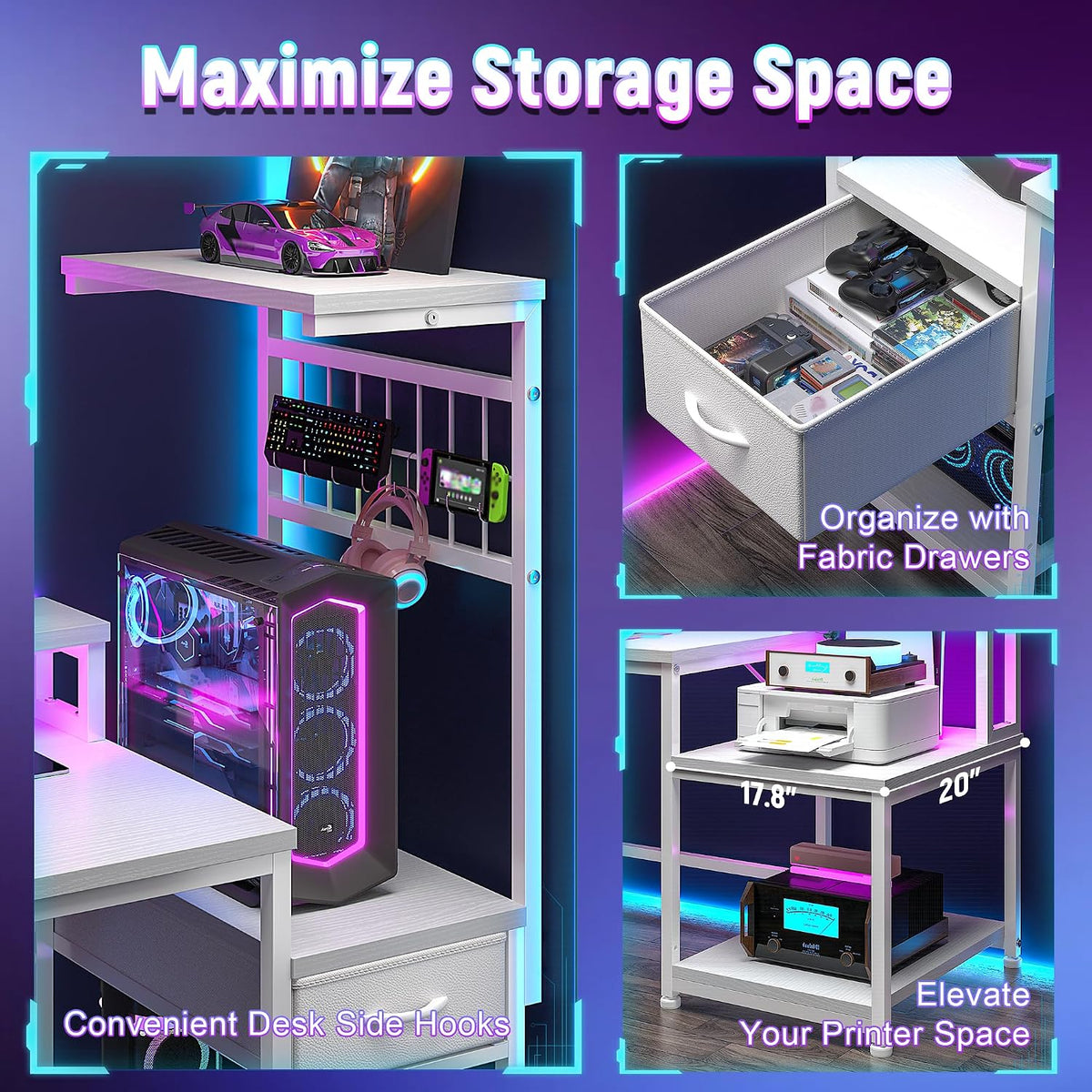 DurayLoly 63' Computer Desk with LED Lights & Outlets,Office Desk with Drawers & Monitor Stand,Gaming Desk with 3 Storage Shelves, Hooks& Printer Space for Game&Study Room,Home Office,Bedroom,White