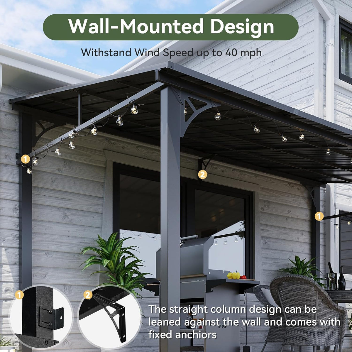 Aoxun 10' x 12' Lean to Gazebo, Hardtop Outdoor Pergola with Sloping Galvanized Steel Roof, Large Wall-Mounted Heavy Duty Awnings for Patio, Backyard, Deck, Porch (Black)