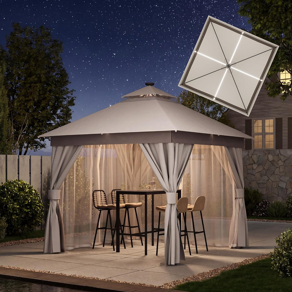 LAUSAINT HOME Patio Gazebo 10'x10' with Solar LED Roof Lights, Outdoor Heavy Duty Party Tent Shelter with Double Roofs, Mosquito Netting & Privacy Curtains for Backyard, Garden, Lawn, Khaki