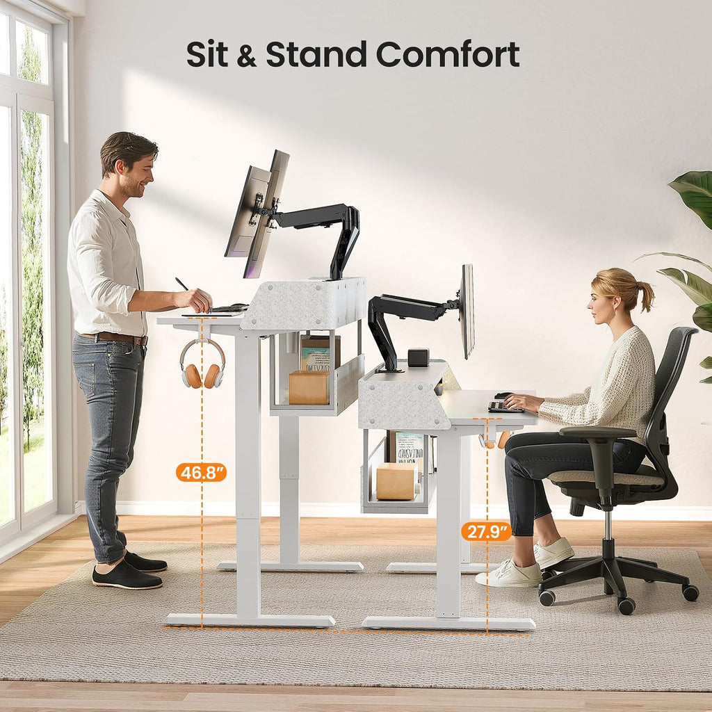 ErGear Electric Standing Desk, 55x28 Inch Adjustable Sit Stand Desk with Bookshelf & Monitor Stand, Standing Gaming Desk with LED Light Strip, Stand Up Desk for Home Office, White