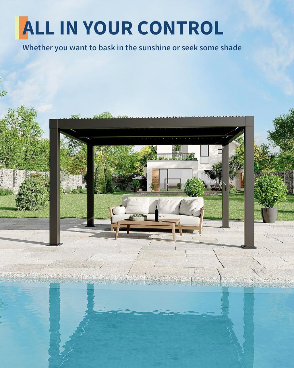 GarveeLife All-Aluminum Louvered Pergola 10 ft x 12 ft, Outdoor Pergola with Adjustable Louvered Roof, Reinforced Aluminum Frame, Integrated Drainage System, Hardtop Gazebo for Patio, Deck, Gray