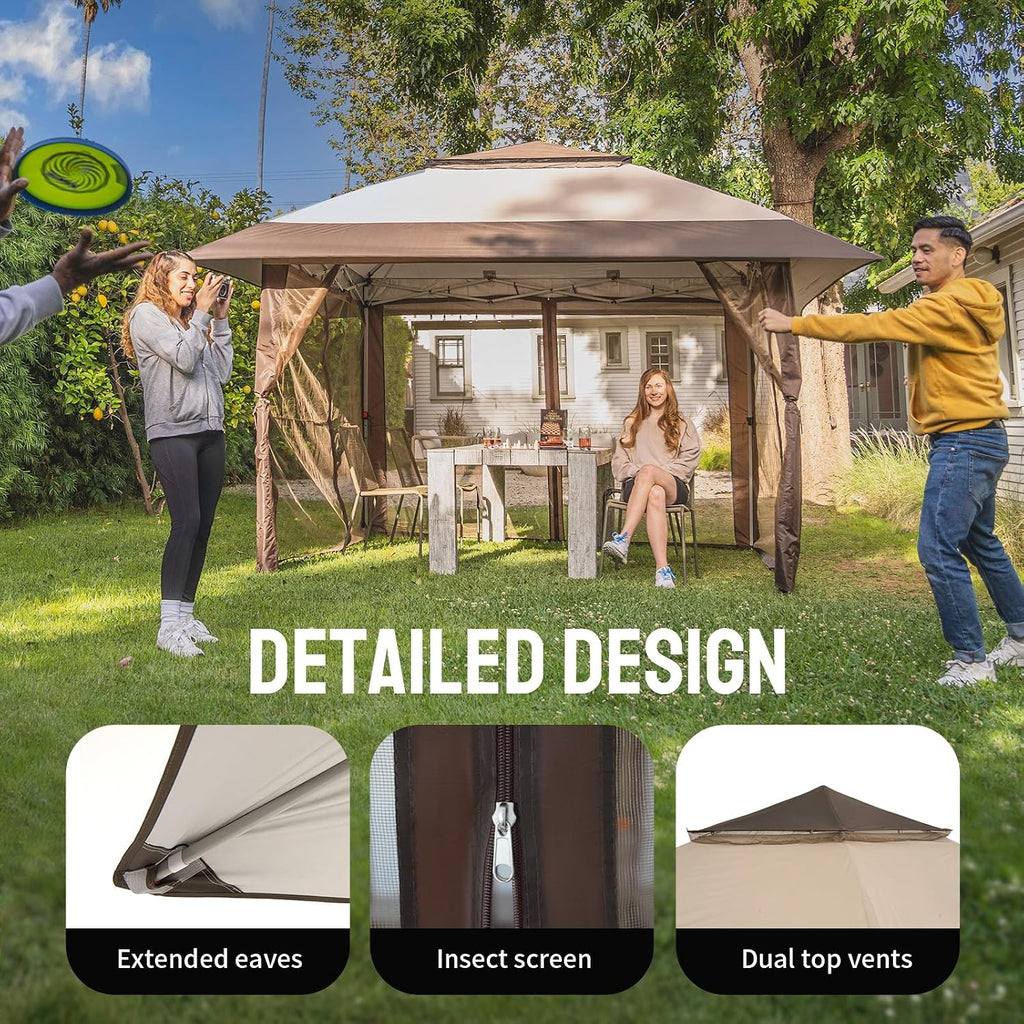 CROWN SHADES 13x13 Pop Up Gazebo, Canopy Tent, Gazebos on Clearance - Outdoor Gazebo for Backyard & Patio Furniture - Carpa Pop Up Tent with Wheeled STO-N-Go Cover Bag (Beige & Coffee)