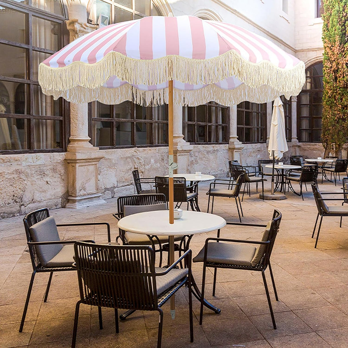 Premium Patio Umbrella with Fringe,Round Umbrella with 8 Sturdy Ribs,7 Ft Outdoor Table Umbrellas,Sun Shade Rainproof Garden Umbrellas,Button Tilt