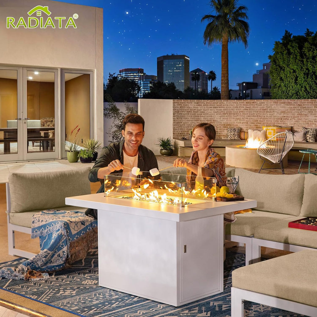 RADIATA 6 Seat Large Luxury Aluminum Patio Conversation Set with Fire Pit Table, 29 inch Wide Deep Seated, U Shaped Sectional Couch, 500 lbs Heavy Duty All Weather Outdoor Sofa for Backyard, Beige