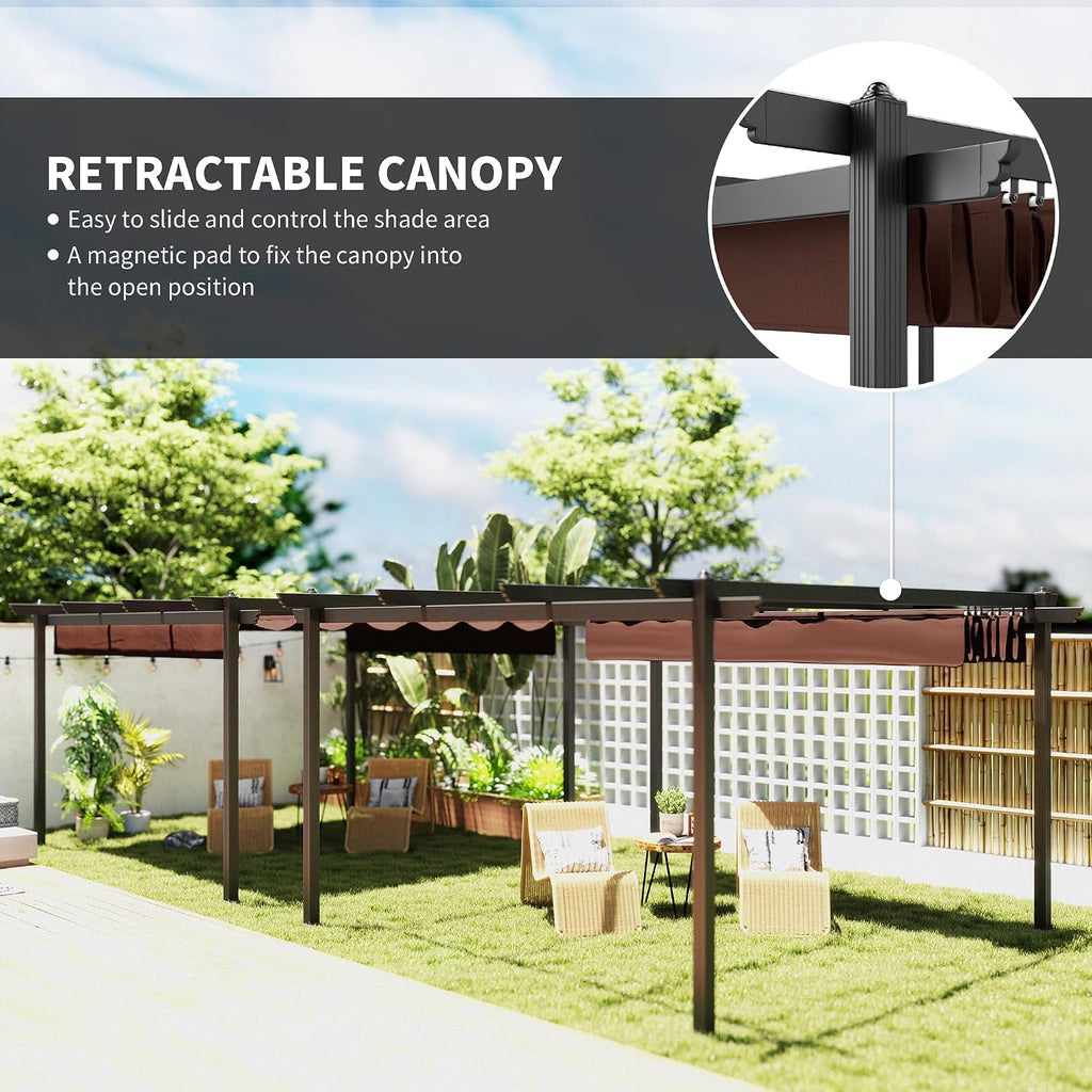 Outsunny 13' x 13' Retractable Pergola Canopy with Stronger Aluminum Frame, Outdoor Pergola Sun Shade Shelter for Garden, Patio, Backyard, Deck, Brown