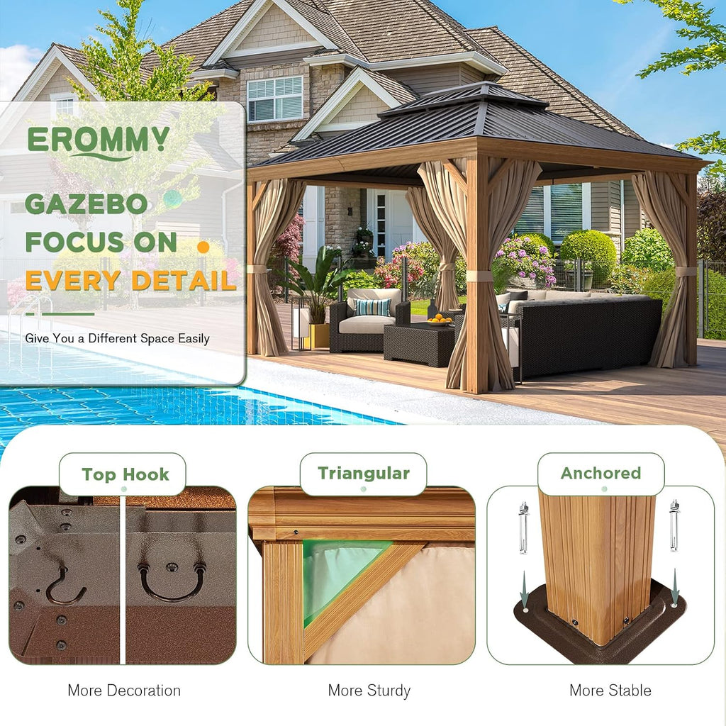 EROMMY 10'x12' Gazebo, Wood Grain Aluminum Frame Canopy with Double Galvanized Steel Hardtop Roof, Outdoor Permanent Metal Pavilion with Curtains and Nettings for Patio, Backyard and Deck